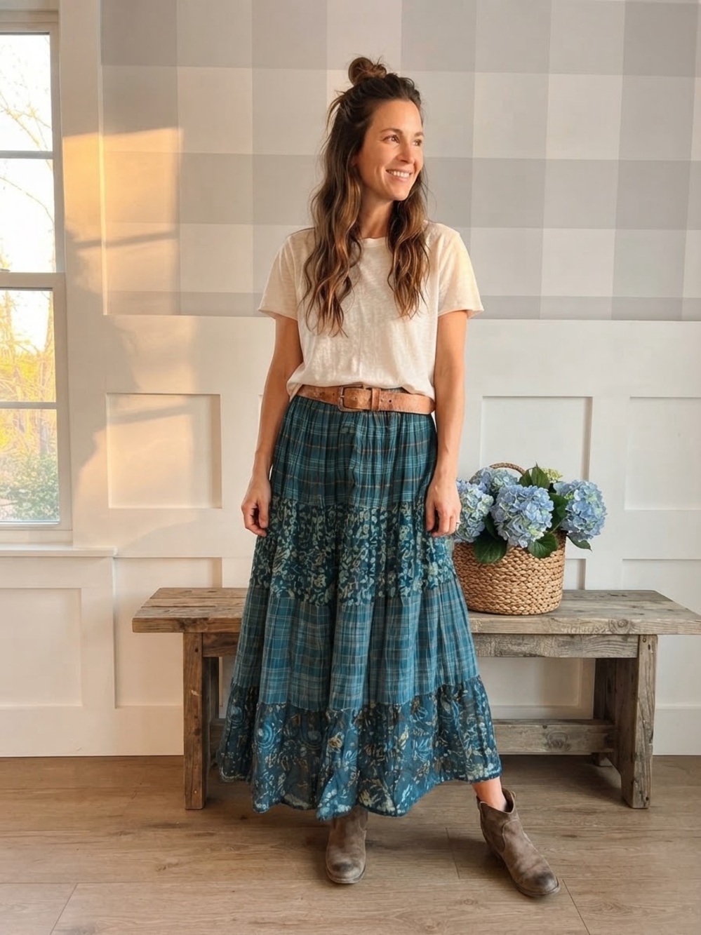 White Stag Teal Plaid & Floral Tiered Maxi Skirt with Brown Belt Small